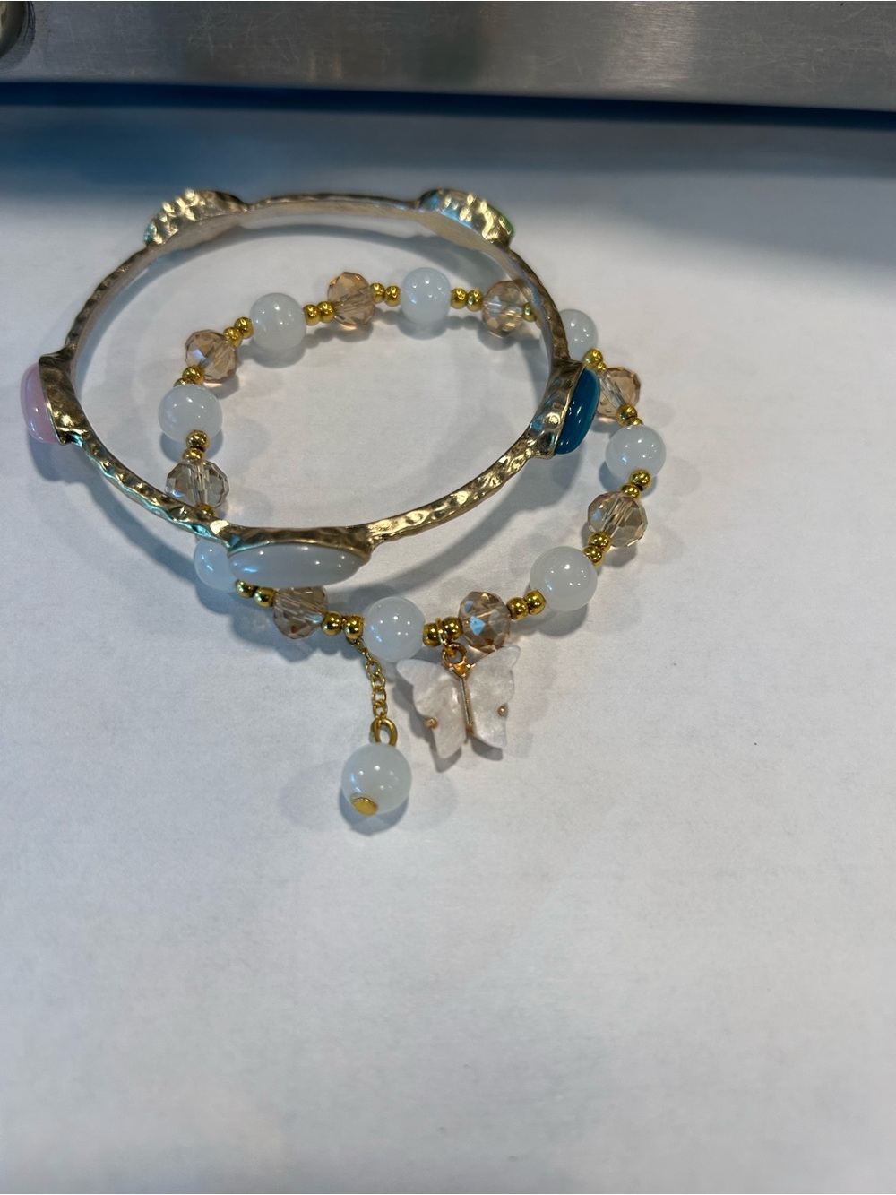 Gold and White Beaded Butterfly Charm Bracelet Set